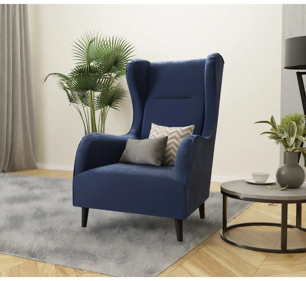 Tmavomodré zamatové kreslo ušiak Carole – Ropez