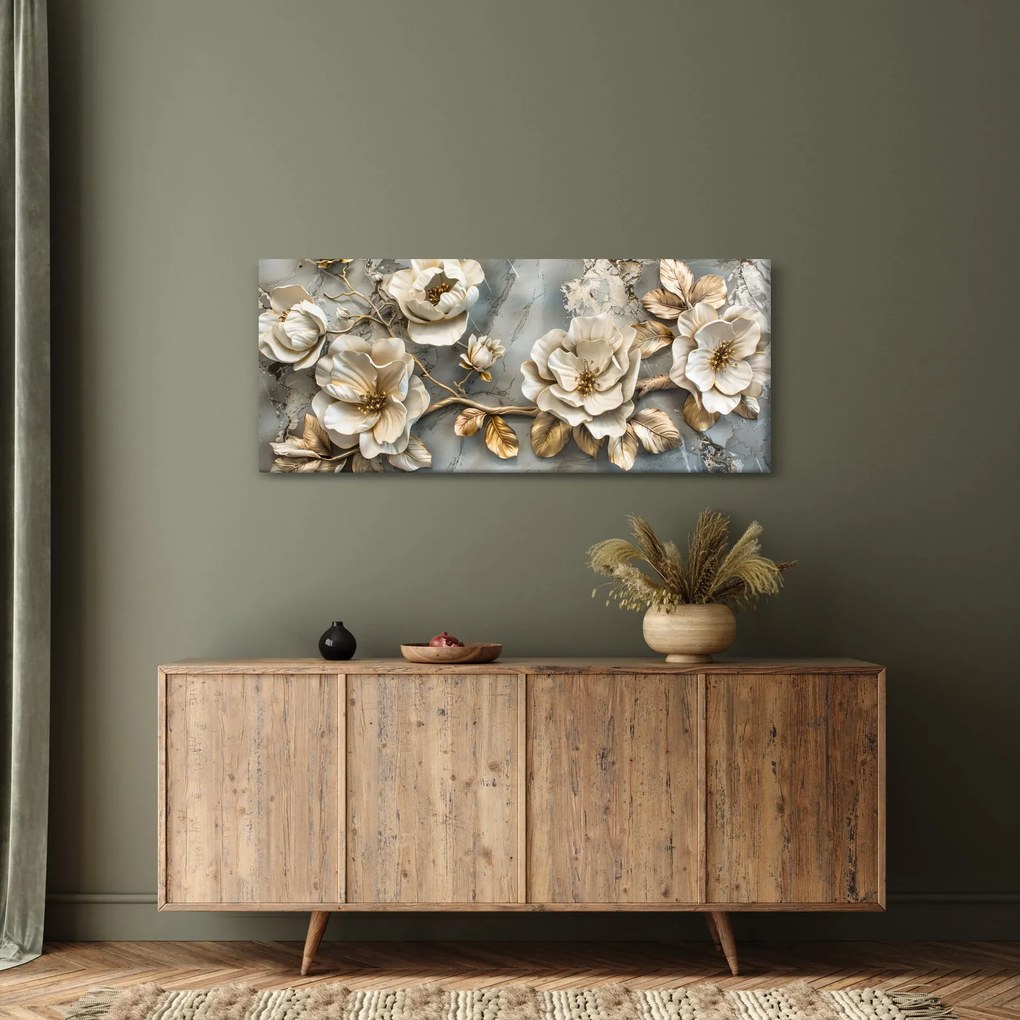 Obraz - Mramorové pozadie s kvetmi (120x50 cm)