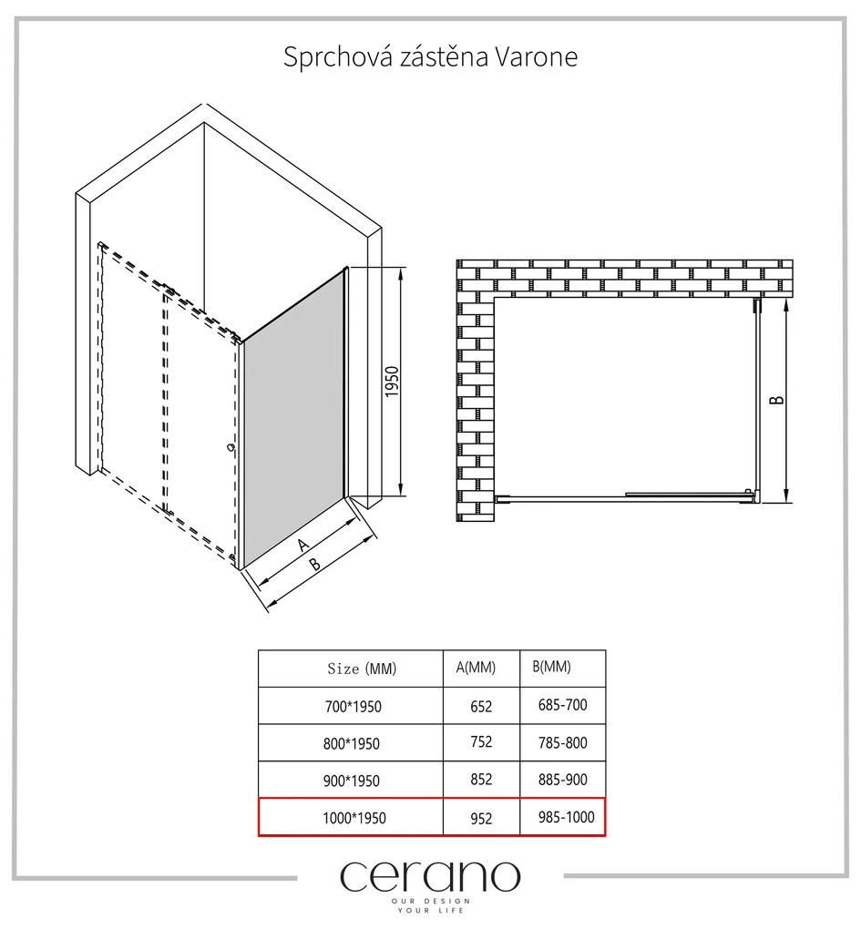 Cerano Varone, sprchovací kút s posuvnými dverami 110 (dvere) x 100 (stena) x 195 cm, 6mm šedé sklo, čierny profil, CER-CER-429619