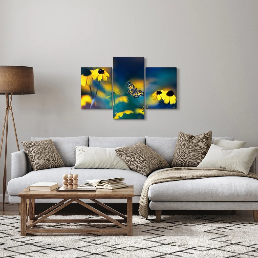 Obraz - Žltý motýľ s kvetmi (90x60 cm)