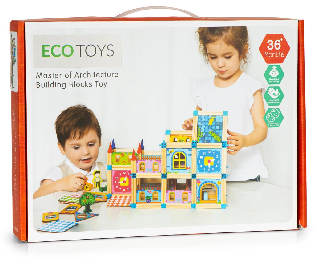 Drevené stavebné kocky na stavanie domu 6v1 ECOTOYS