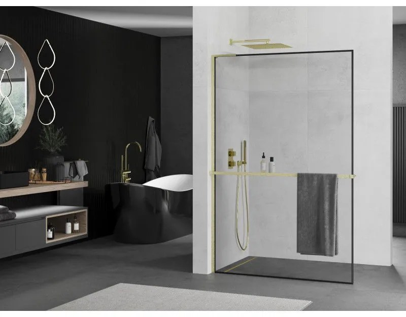 Mexen Kioto+ L, sprchová zástena Walk-In s poličkou a vešiakom 120 x 200 cm, 8mm číre sklo čierny vzor, zlatý matný profil, 800-120-123-55-70