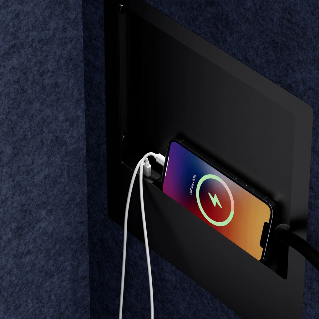 Kancelárska akustická kabína so sedadlom a portom USB-C, telo v čierny / sedák tmavomodrá v zelenej farbe, 1150 mm: SALLY MentalBox