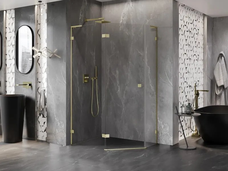 Mexen Lunar, L päťuholníkový sprchový kút naklápací doľava 90 x 80 cm, 8mm číre sklo, zlatý matný profil, 831L-090L-080P-55-00-L