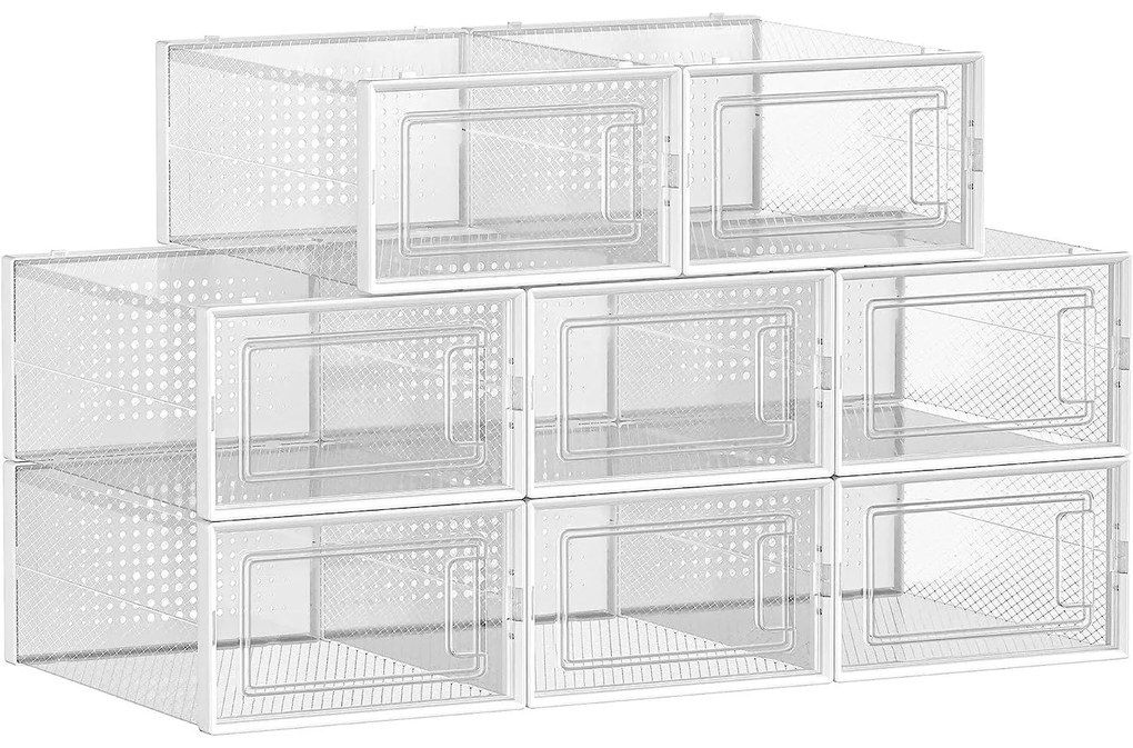 Boxy, plastové krabice na topánky, sada 8 ks stohovateľných organizérov, biele