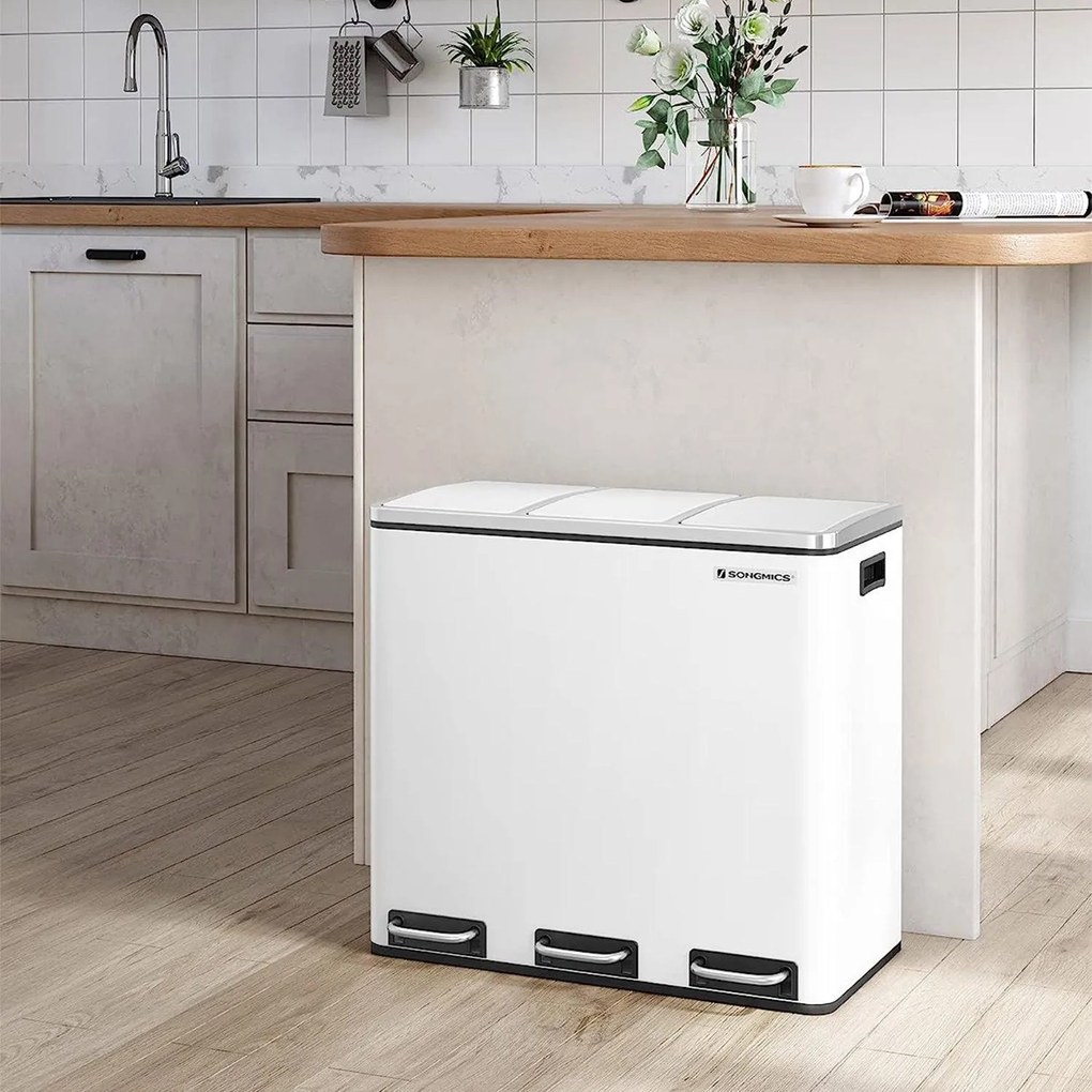 Kuchynský odpadkový kôš, 3 x 18 L, pedálový s 3 priehradkami, biely