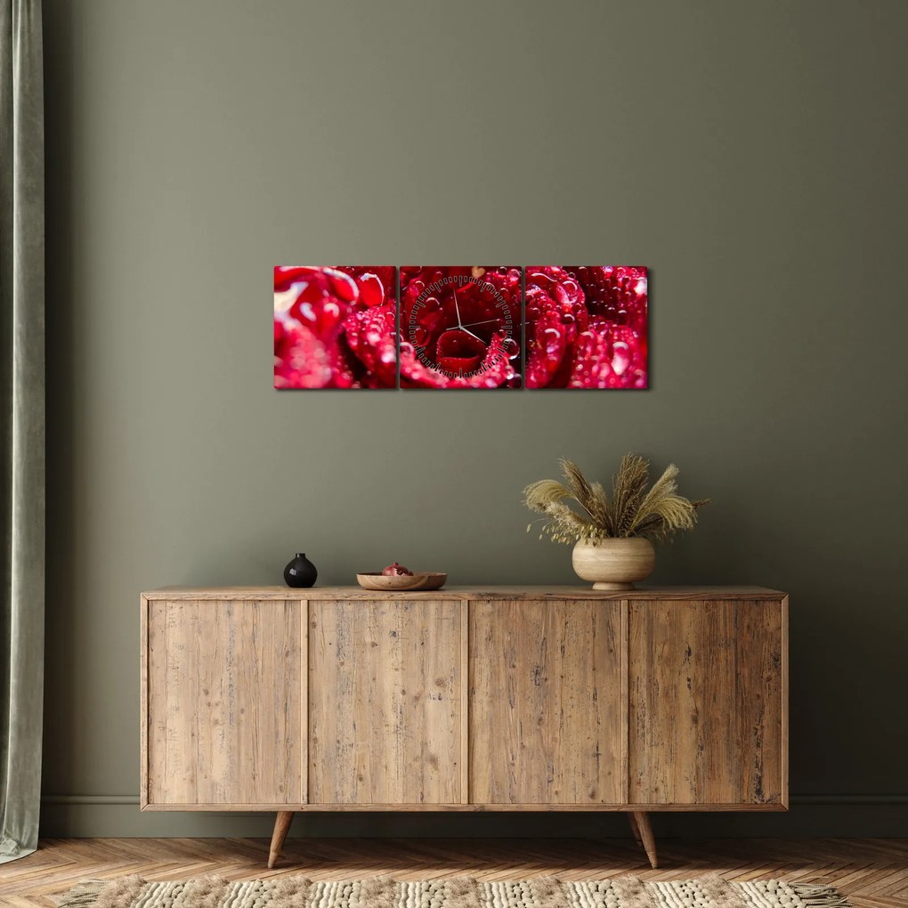 Obraz kvetu červenej ruže (s hodinami) (90x30 cm)