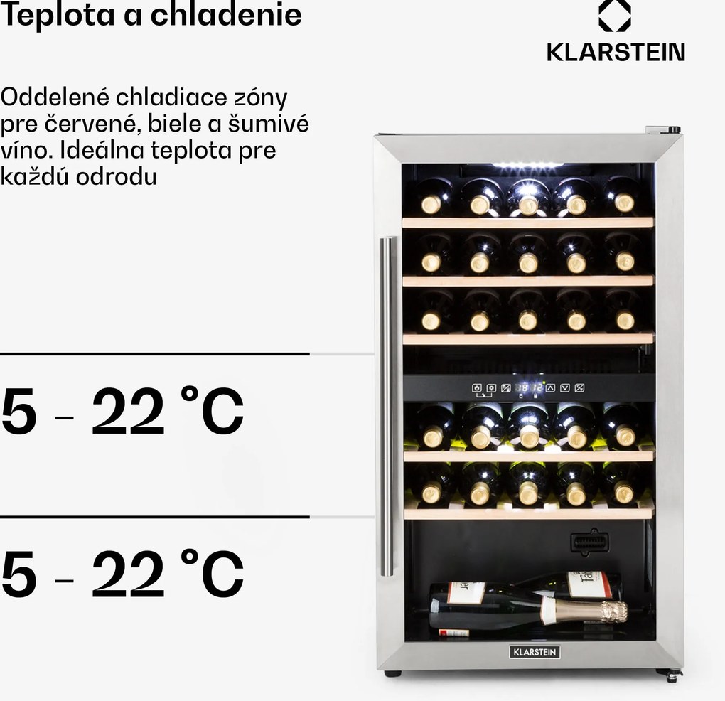 Klarstein Vinamour 29D, vinotéka, 2 zóny, 80 l, 29 fliaš, 5-22°C, ovládanie