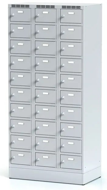 Alfa 3 Šatníková skrinka S6 na sokli s úložnými boxami, 30 boxov, 1920 x 900 x 500 mm, otočný zámok, sivé dvere