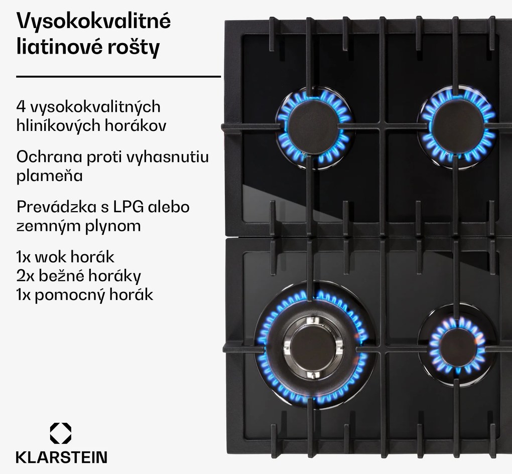 Klarstein Ignito 4, plynová varná doska, 4 Sabaf horáky, sklokeramika, čierna