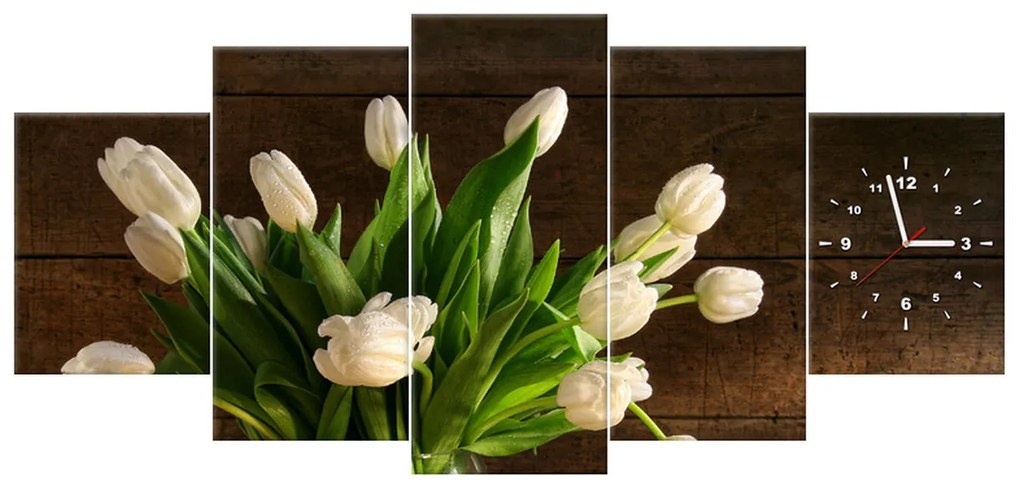 Gario Obraz s hodinami Očarujúce biele tulipány - 5 dielny Rozmery: 150 x 70 cm