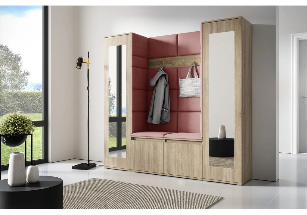 Predsieňová stena AMI 31 So zrkadlom Dub sonoma Tmavo ružová