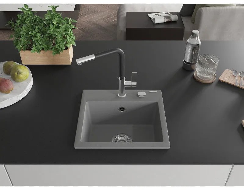 Mexen Milo, 1-komorový granitový drez 435x410x171 mm a drezová batéria Flora, šedá, 6505-71-670401-07