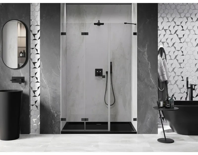 Mexen Lunar-F, skladacie ľavé sprchové dvere 135 cm, 8mm číre sklo, čierny matný profil, 836S-135-050-70-00-L