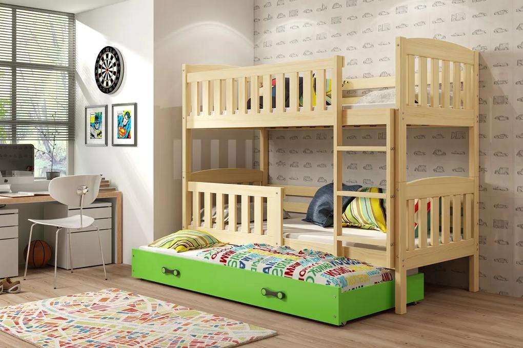 Detská poschodová posteľ s prístelkou KUBUŠ 3 | borovica Farba: Borovica / zelená, Rozmer.: 200 x 90 cm