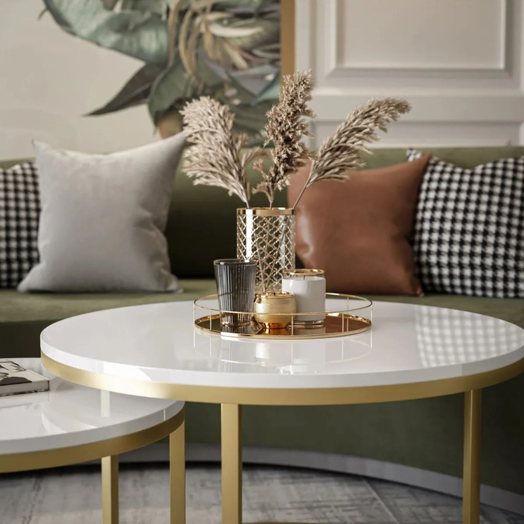 OKRÚHLY KONFERENČNÝ STOLÍK LEONARDO 2 v 1 BIELÝ LESK + ZLATÝ PODSTAVEC