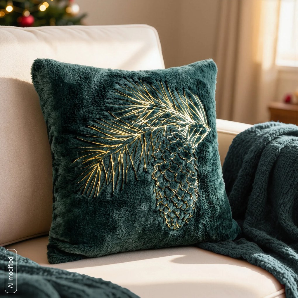 CHLPATÁ VIANOČNÁ DEKORAČNÁ OBLIEČKA NA VANKÚŠ PINE 45X45 CM TMAVOZELENÁ