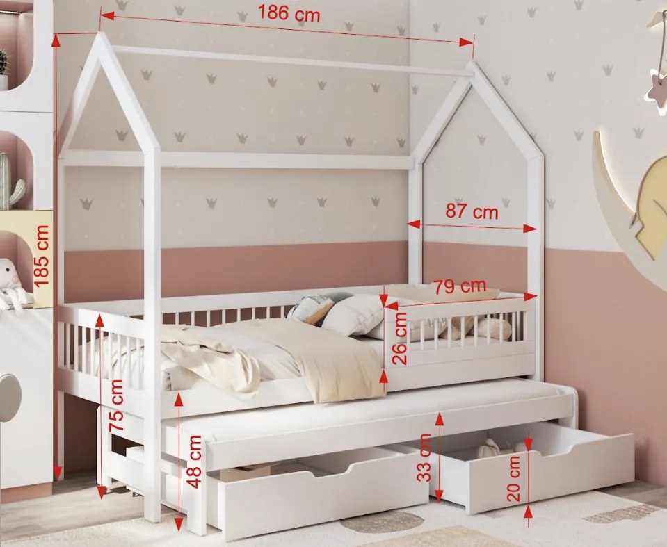 Detská domčeková posteľ z masívu borovice ASHER so šuplíkmi a prístelkou - 180x80 cm - prírodná borovica