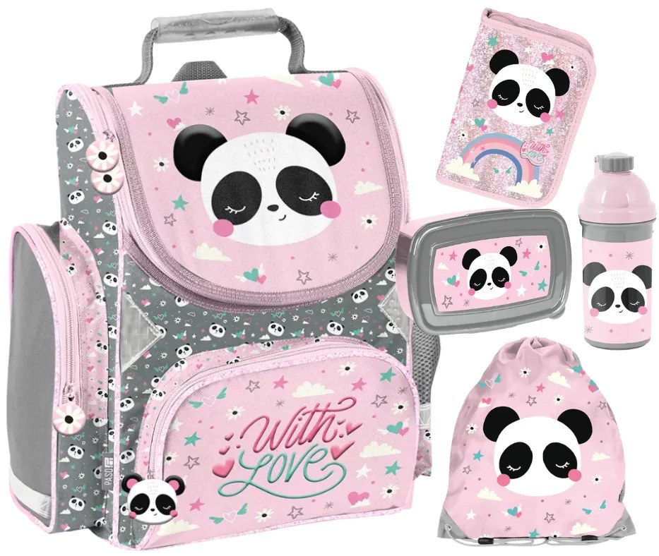 Školský set Panda With Love – 5-dielna súprava s taškou, peračníkom, vreckom a doplnkami