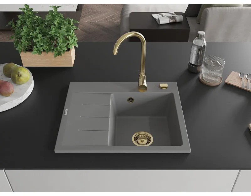 Mexen Ben, 1-komorový granitový drez 600x500x190 mm, pravý + zlatý sifón, šedá, 6523605000-71-G