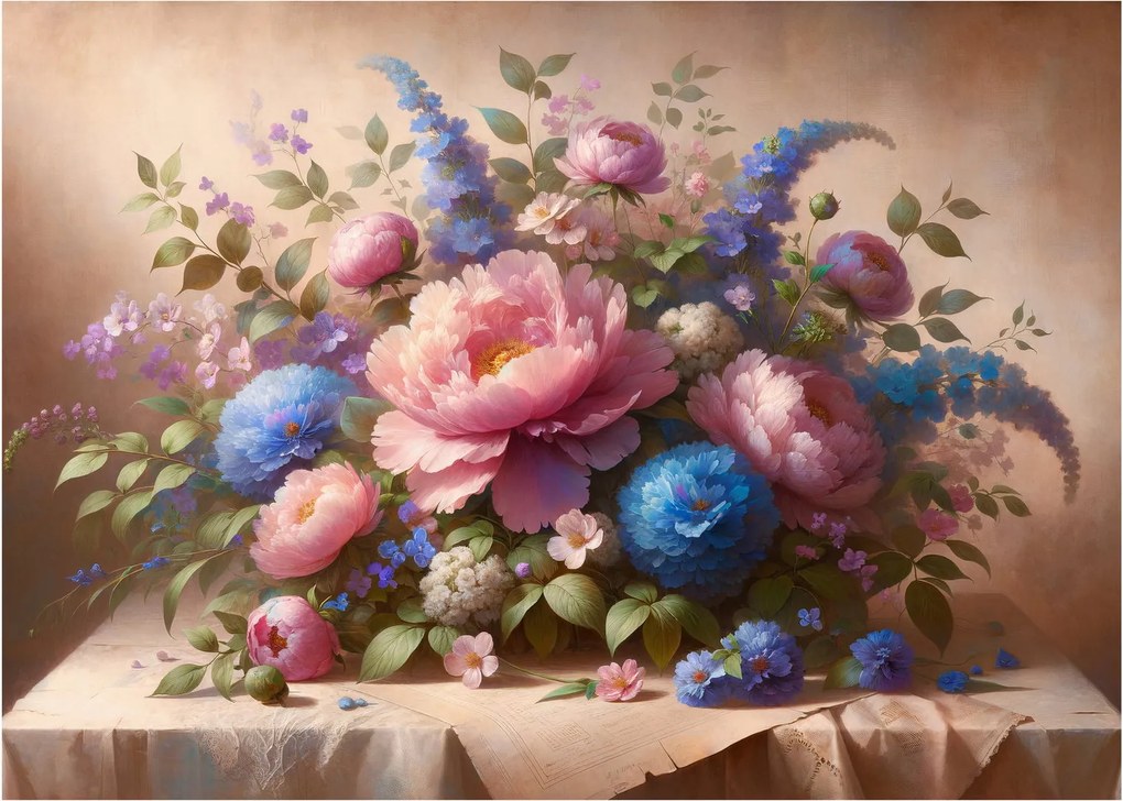 Sklenený obraz - Stôl plný kvetov (70x50 cm)