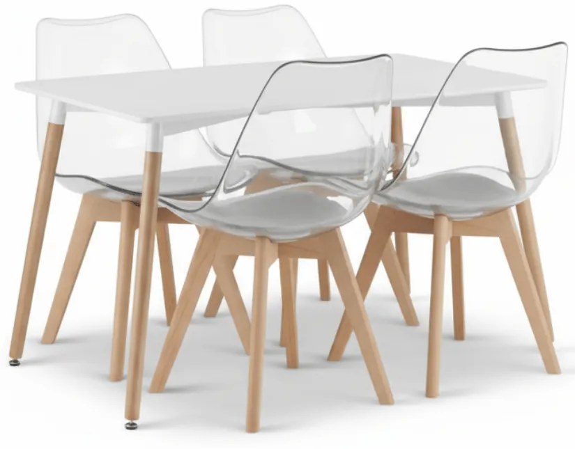 Jedálenský set 1 + 4, biely stôl ADRIA 120x80 cm + transparentné stoličky BALI MARK s bukovými nohami