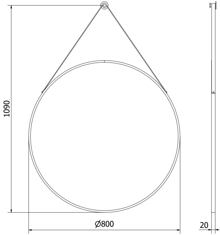 Mexen String, okrúhle kúpeľňové zrkadlo na pásiku 80 cm, farba rámu čierna matná, 9854-080-080-000-70