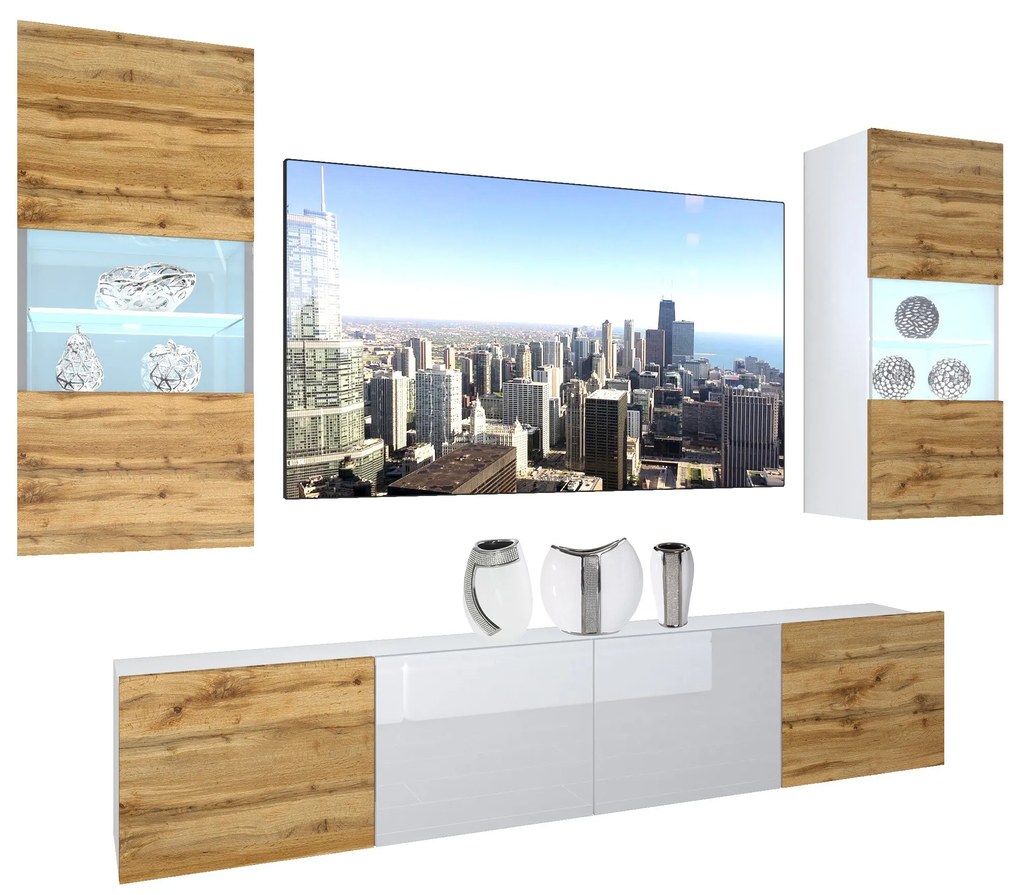 Obývacia stena Belini Premium Full Version dub wotan / biely lesk + LED osvetlenie Nexum 104