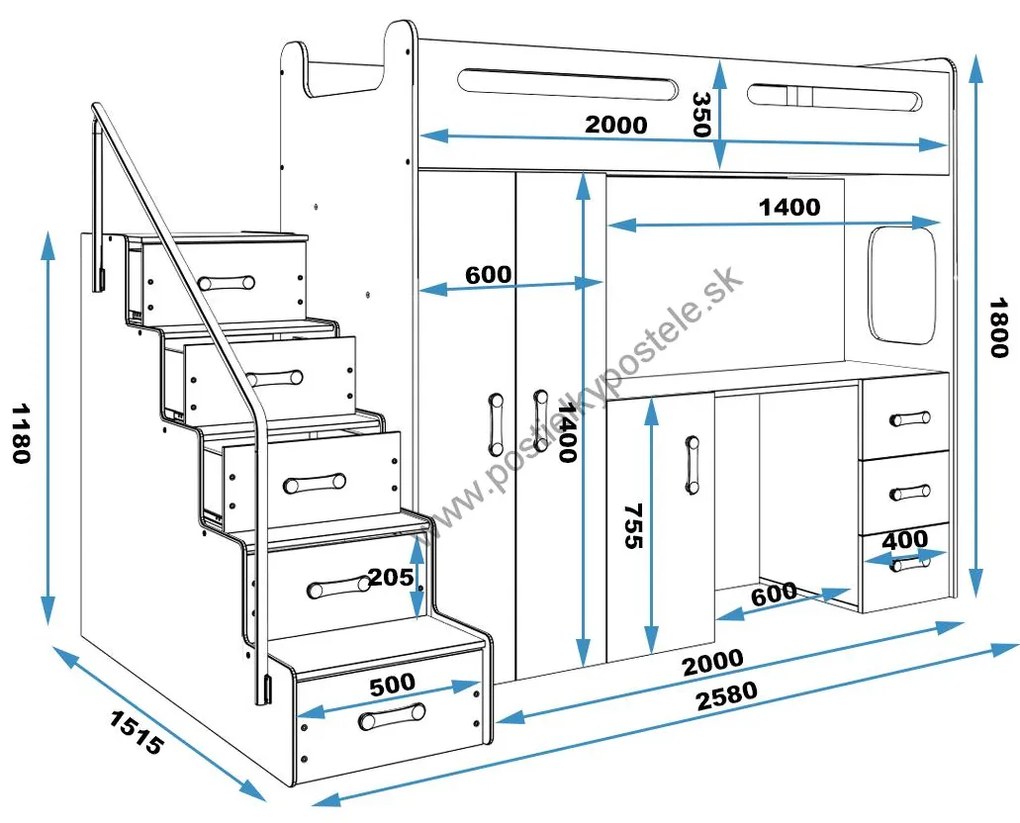 Vyvýšená poschodová posteľ MAX 4 - 200x80cm - Biela - Modrá