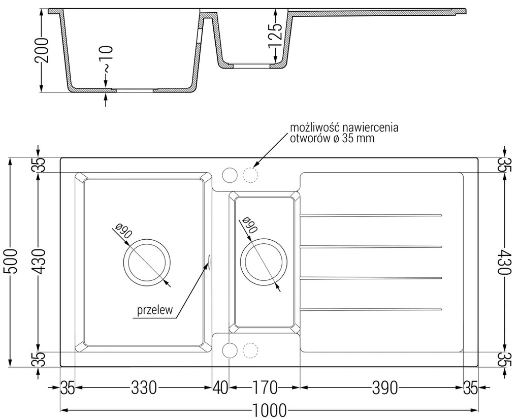 Mexen Andres, granitový drez 1000x500x200 mm, 1,5-komorový, čierna škvrnitá so zlatým sifónom, 6515101510-76-G