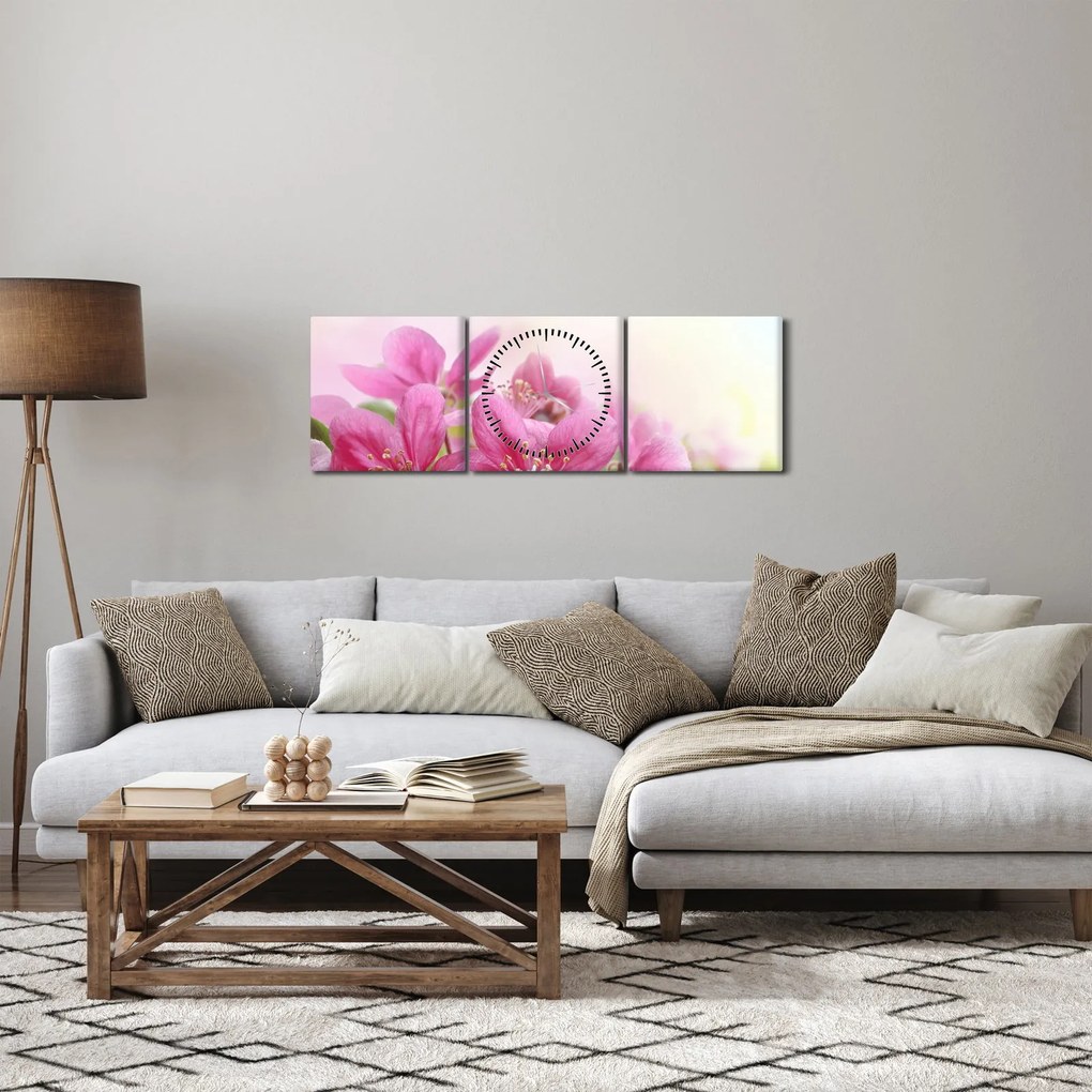 Obraz - Ružové kvety (s hodinami) (90x30 cm)