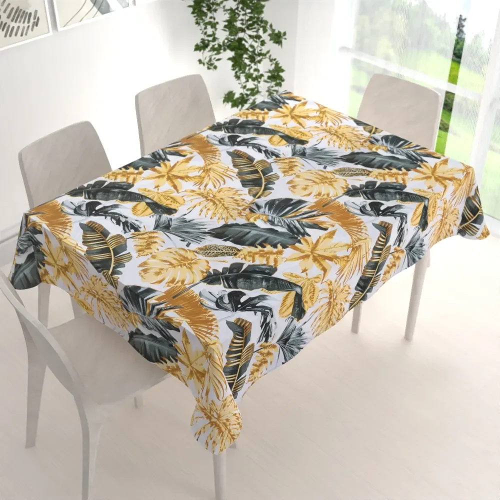 Biante Bavlnený obdĺžnikový obrus Sandra SA-388 Sivozelené a zlaté tropické listy na bielom 100x140 cm
