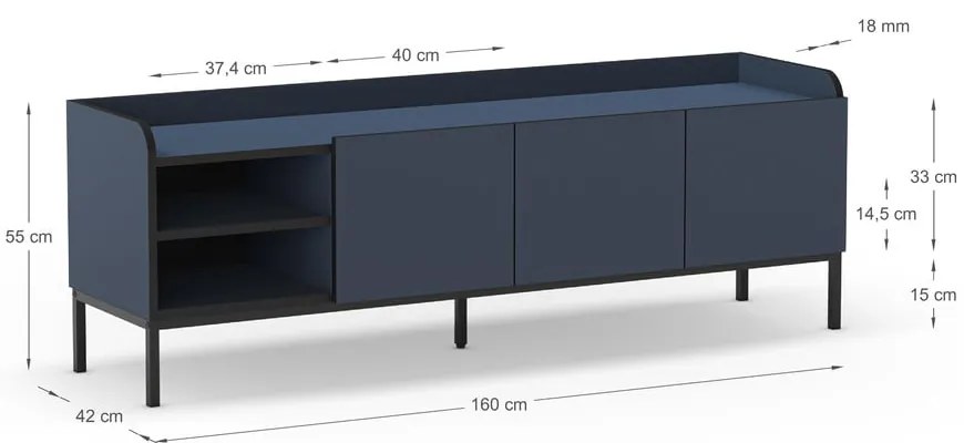 Modrý TV stolík 160x55x42 cm Adara – Marckeric