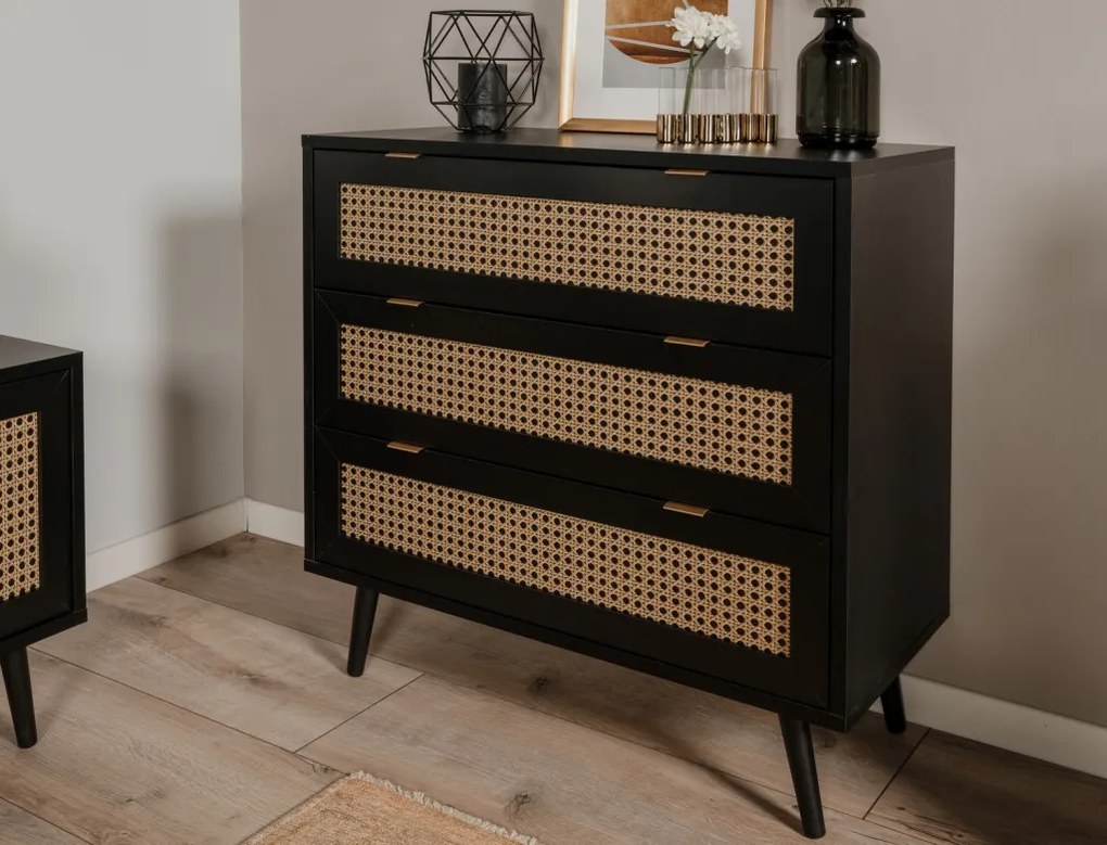 Zásuvková komoda Vienna, čierna/výplet