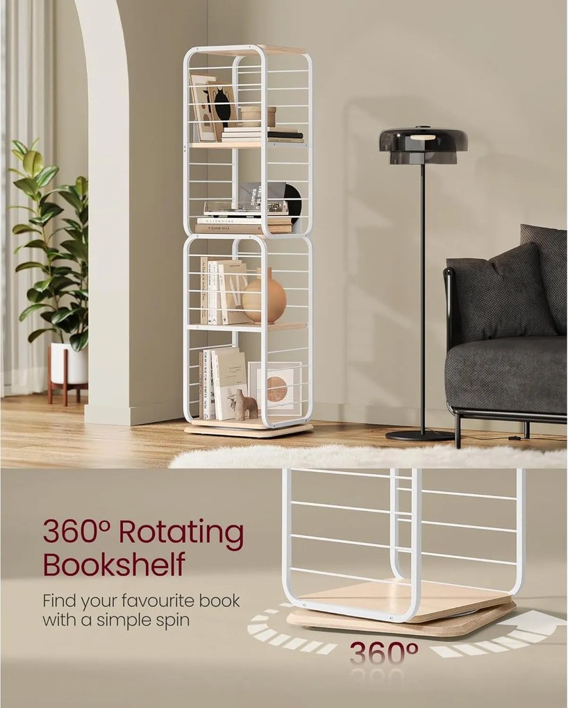 Knižnica, 4 úrovne, otočná polica na knihy, oceľový rám, prírodná béžová a biela