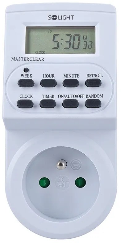 SOLIGHT Digitálny týždenný časový spínač 230V/16A, 1 zásuvka, biely