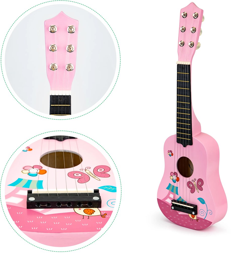 Detská gitara s drevenými kovovými strunami - ružová