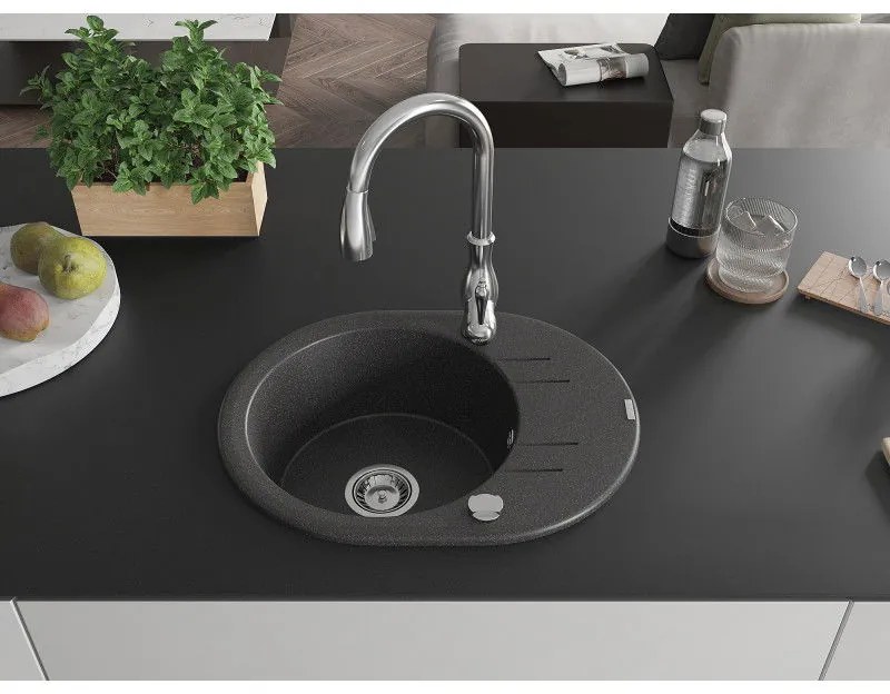 Mexen Kevin, granitový drez 586x458x190 mm, 1-komorový a drezová batéria Savita, čierna škvrnitá, 6517-76-672601-00