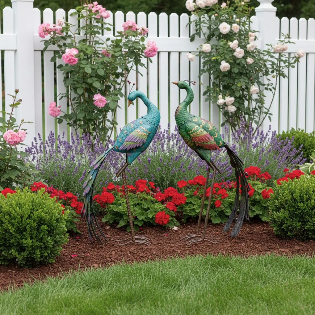 Záhradná kovová figúrka Peafowl Duo, 78 cm, zelená/modrá