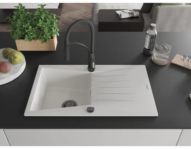 Mexen Cesar, 1-komorový granitový drez 775x470x190 mm a drezová batéria Aster, biela, 6514-20-73450-70-B