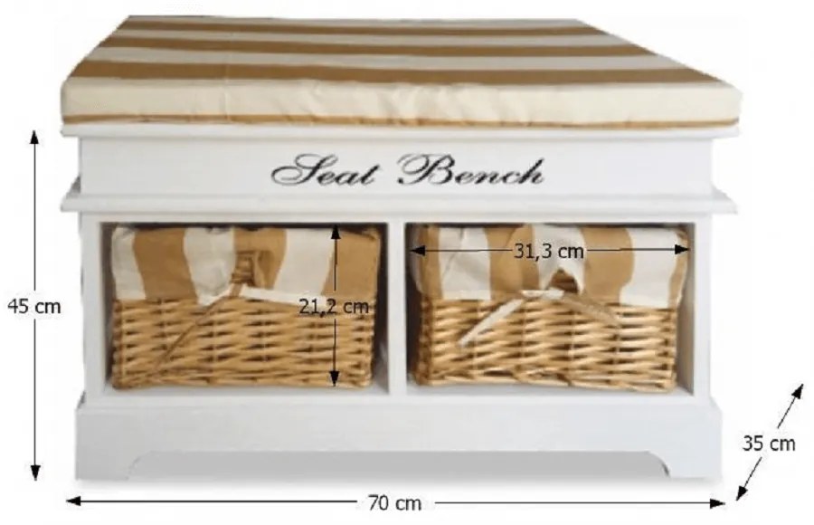 Lavica s vankúšom, 2 košíky, biela/medová/vzor, SEAT BENCH 4