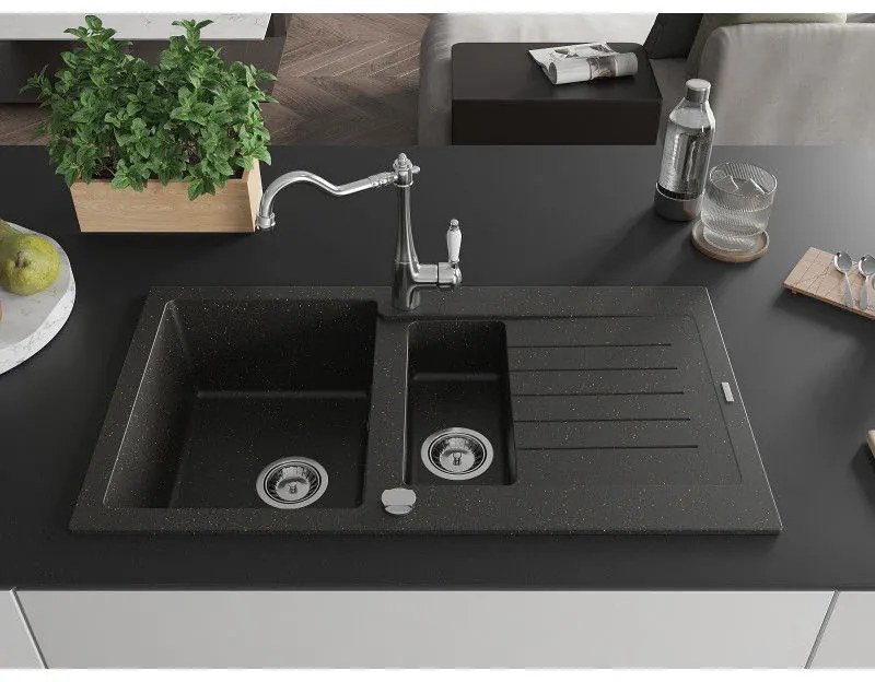 Mexen Matias, granitový drez 900x505x200 mm, 1,5-komorový a drezová batéria Carla, čierna-zlatá metalíza, 6502-75-670700-00