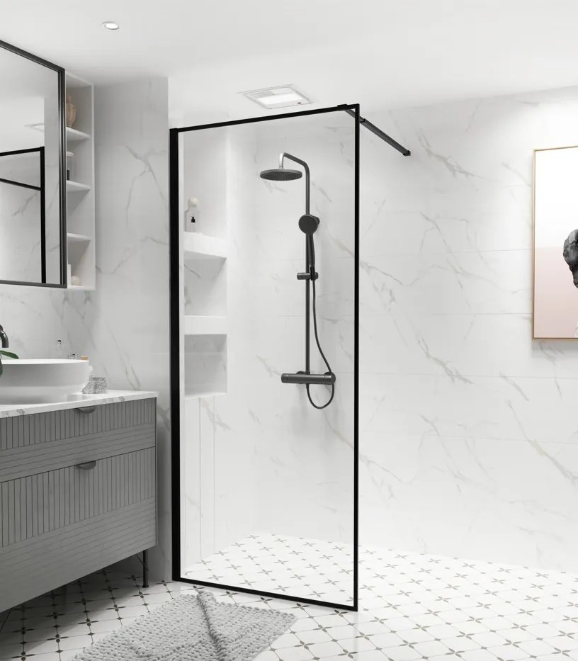 Erga Paris, sprchová zástena Walk-In 90x200 cm v čiernom ráme, 8mm číre sklo, čierny profil, ERG-V02-PARIS-090x200-BF