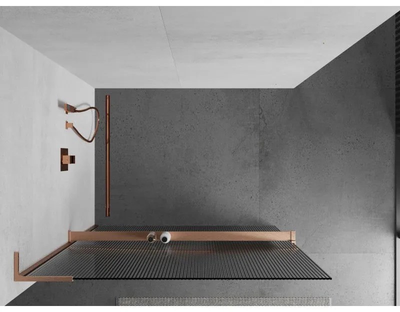 Mexen Kioto+ L, sprchová zástena Walk-In s poličkou a vešiakom 120 x 200 cm, 8mm sklo s rebrovým vzorom, medený matný profil, 800-120-123-65-09