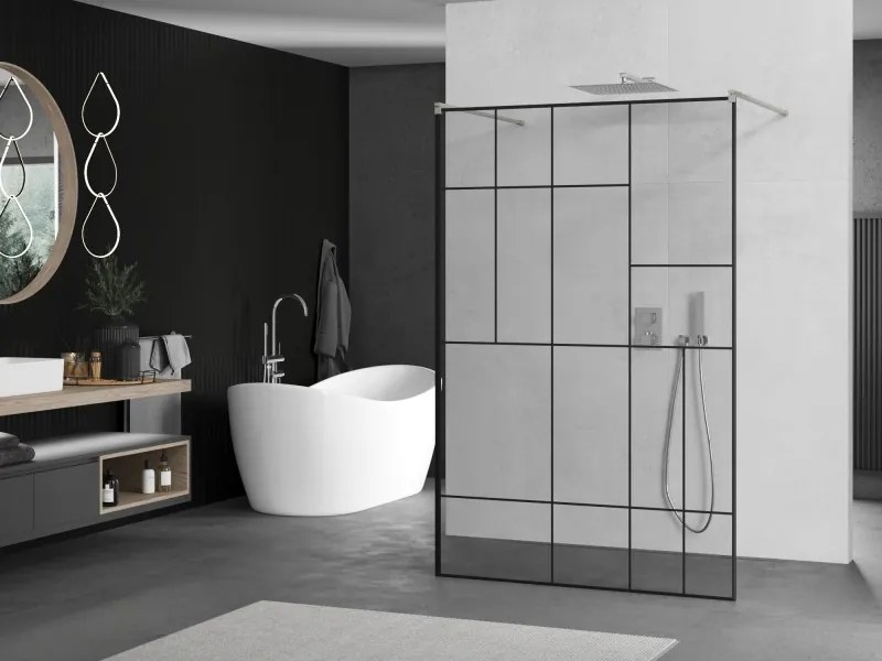 Mexen Kioto, sprchová zástena Walk-In 110 x 200 cm, 8mm sklo čierny vzor, brúsená oceľ profil, 800-110-002-97-78
