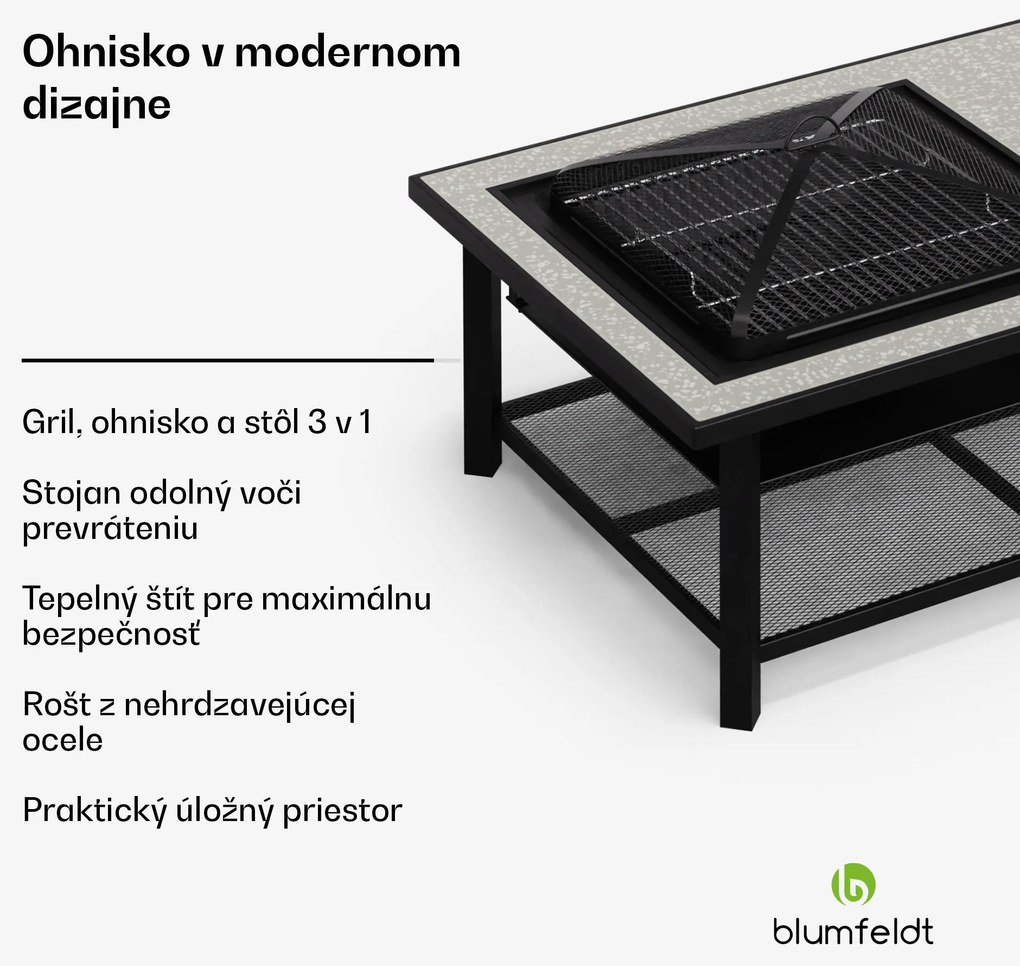 Blumfeldt Merano Avanzato L, ohnisko 3 v 1 s funkciou grilu, dá sa použiť ako stôl, 122 x 87 cm
