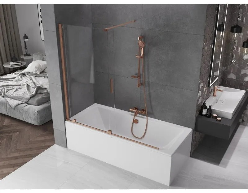 Mexen Velar, 2-krídlová posuvná vaňová zástena 160 x 150 cm, 8mm číre sklo, medená matná, 896-160-000-01-65