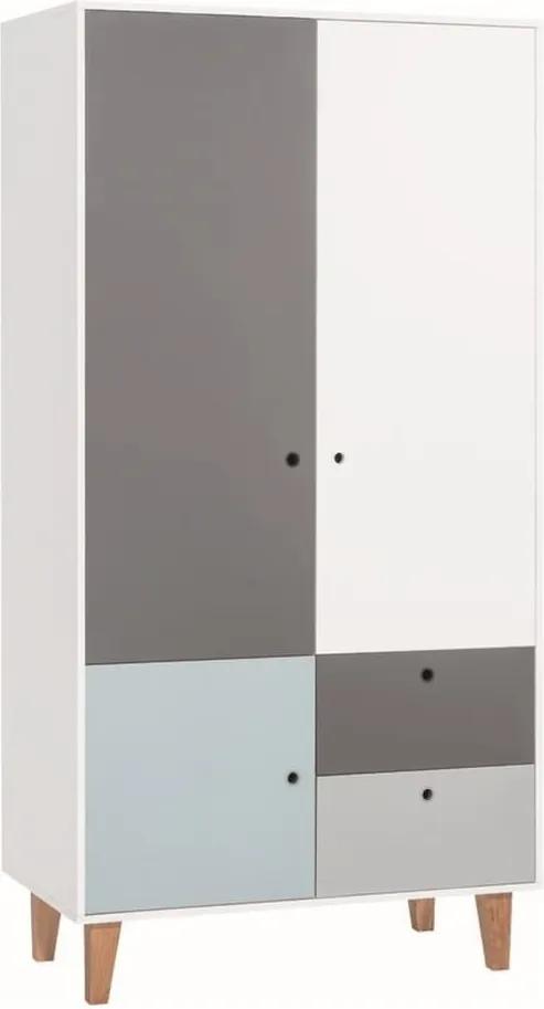 Bielo-sivá trojdverová šatníková skriňa s modrým detailom Vox Concept