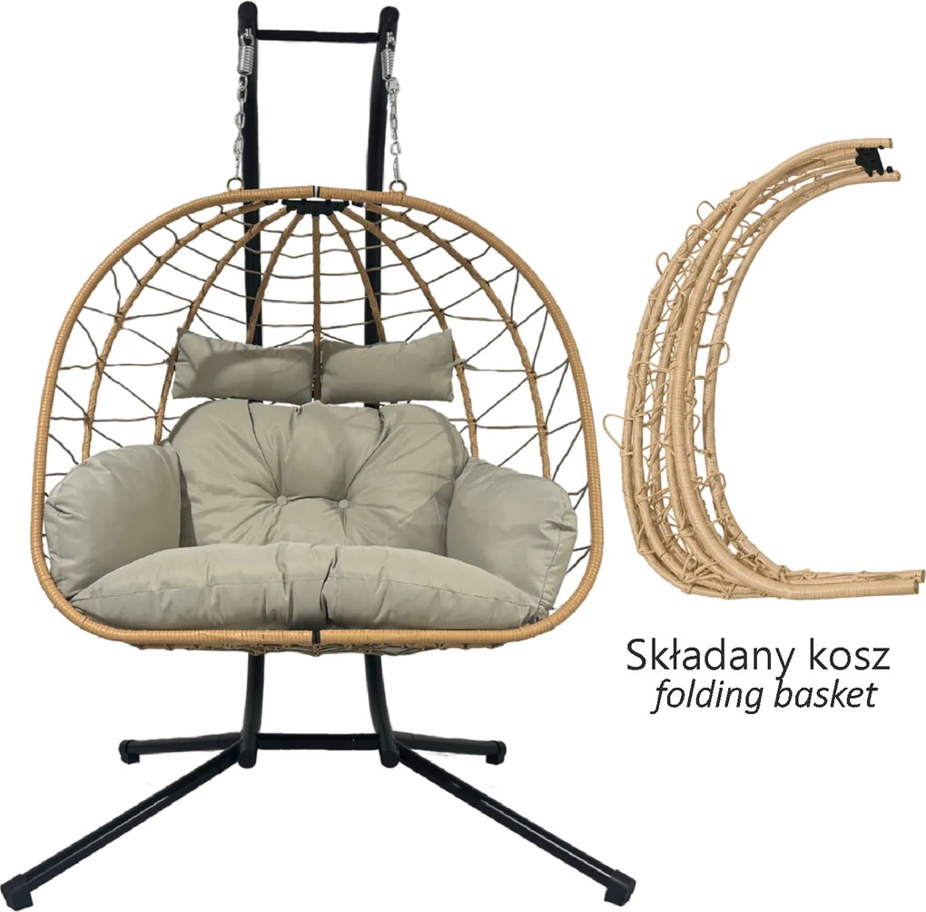 CH LUVO BROWN DVOJITÁ SKLADACIA ZÁVESNÁ STOLIČKA, VANKÚŠ – SVETLOŠEDÁ, RÁM – ČIERNY