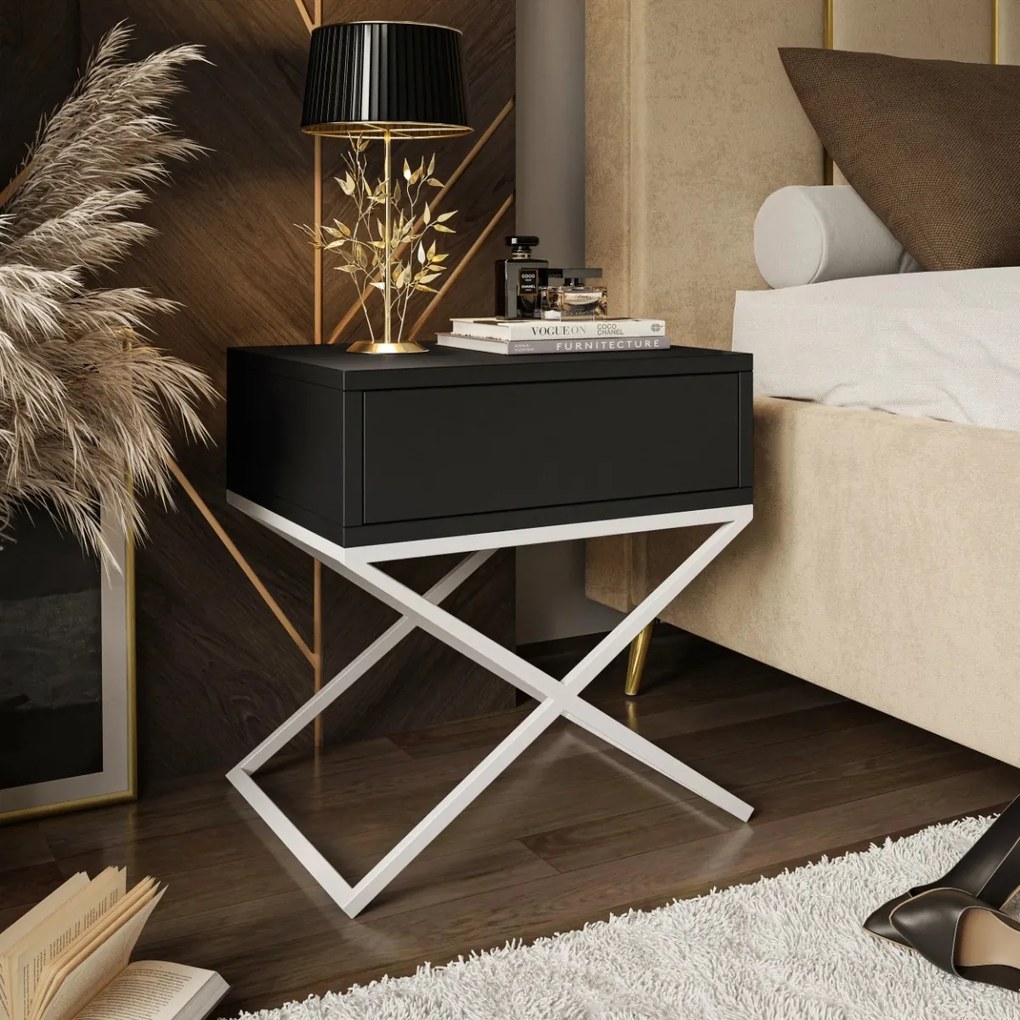 NOČNÝ STOLÍK EDWARD X ČIERNY + BIELY OCEĽOVÝ PODSTAVEC